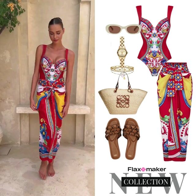 Sling Pattern Print One piece Swimsuit and Skirt