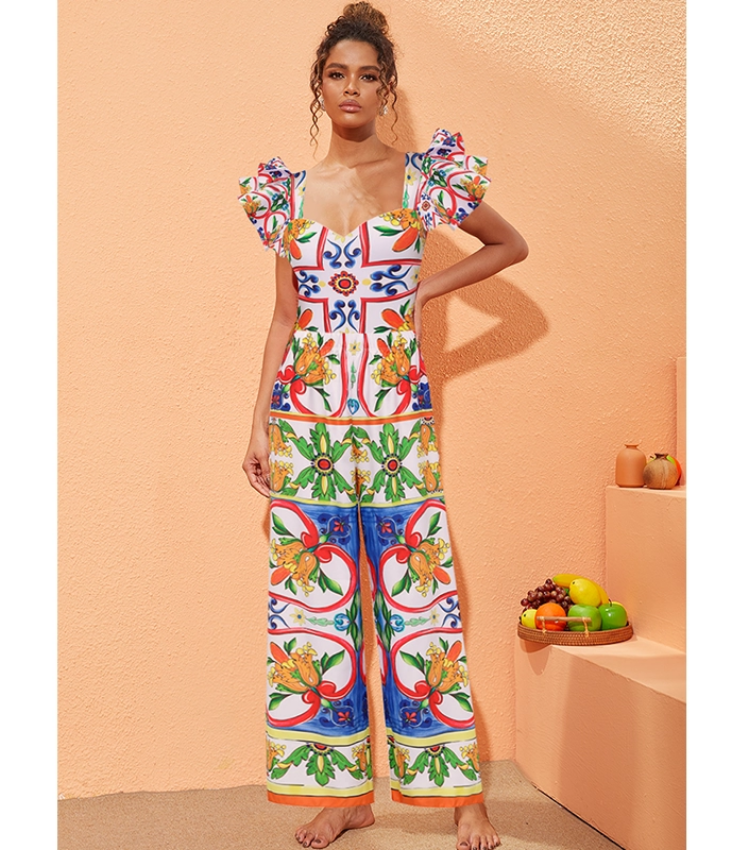 Ruffle Sleeves  Paisley-print  One Piece Swimsuit and Sarong or Paints Flaxmaker