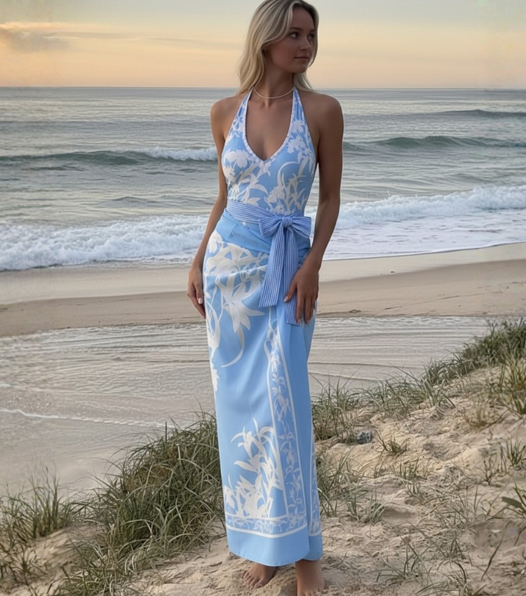 [Copy]V Neck Blue Violet Flower Print Swimsuit Set(s)