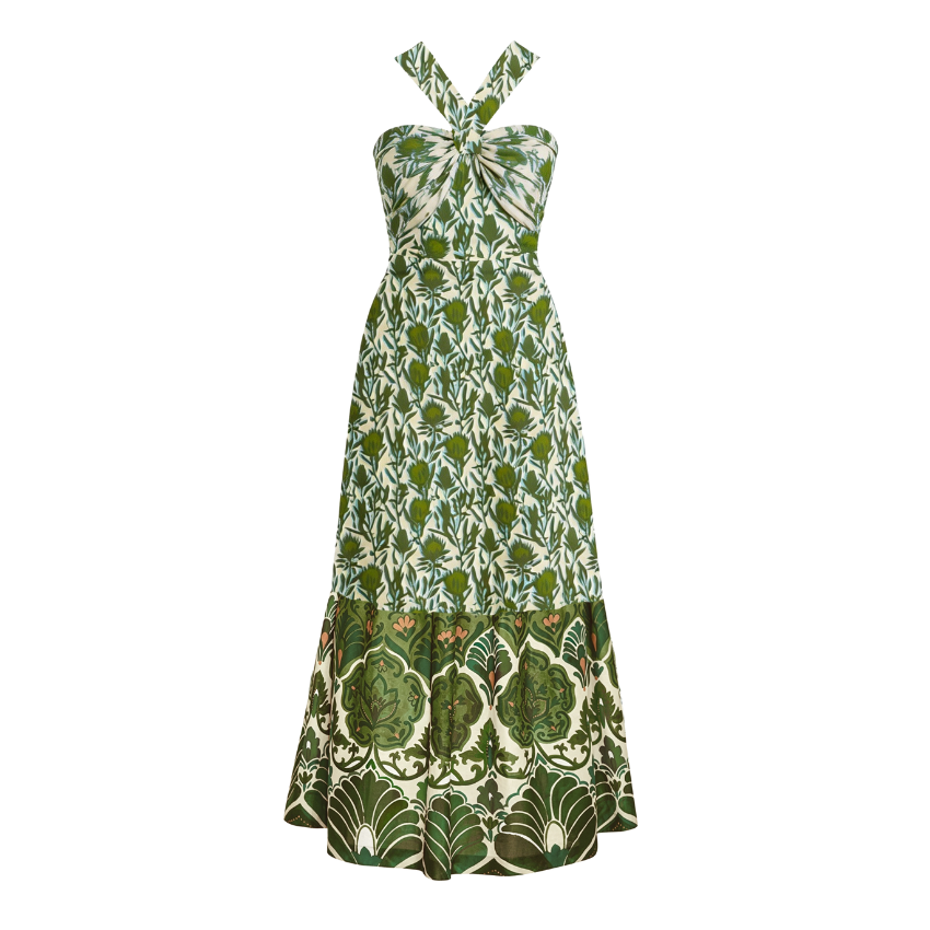 Green Block Print Halter Maxi Dress