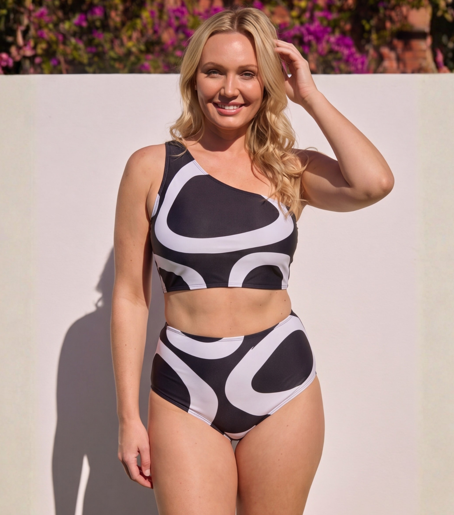 Plus Size One Shoulder High Waist Printed Bikini Swimsuit and Sarong Flaxmaker