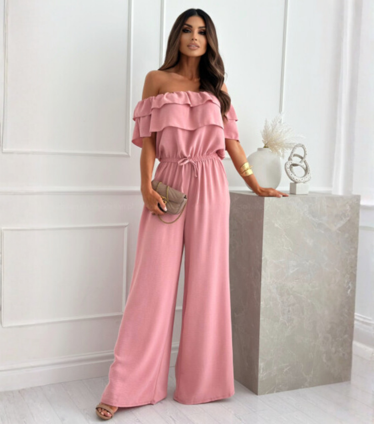 Off Shoulder Ruffle Solid Color Jumpsuit