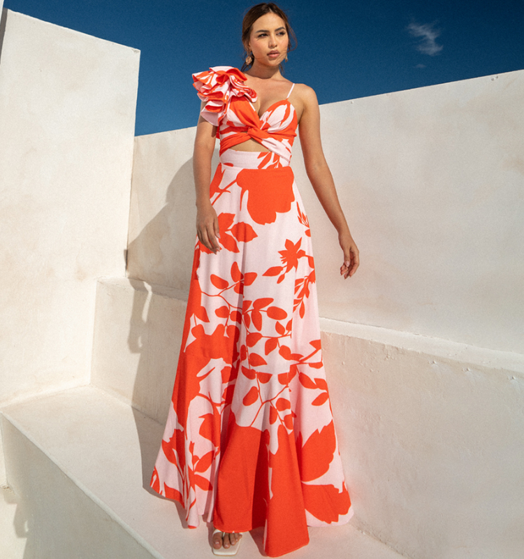 One Shoulder Ruffle Printed One Piece Swimsuit and Skirt