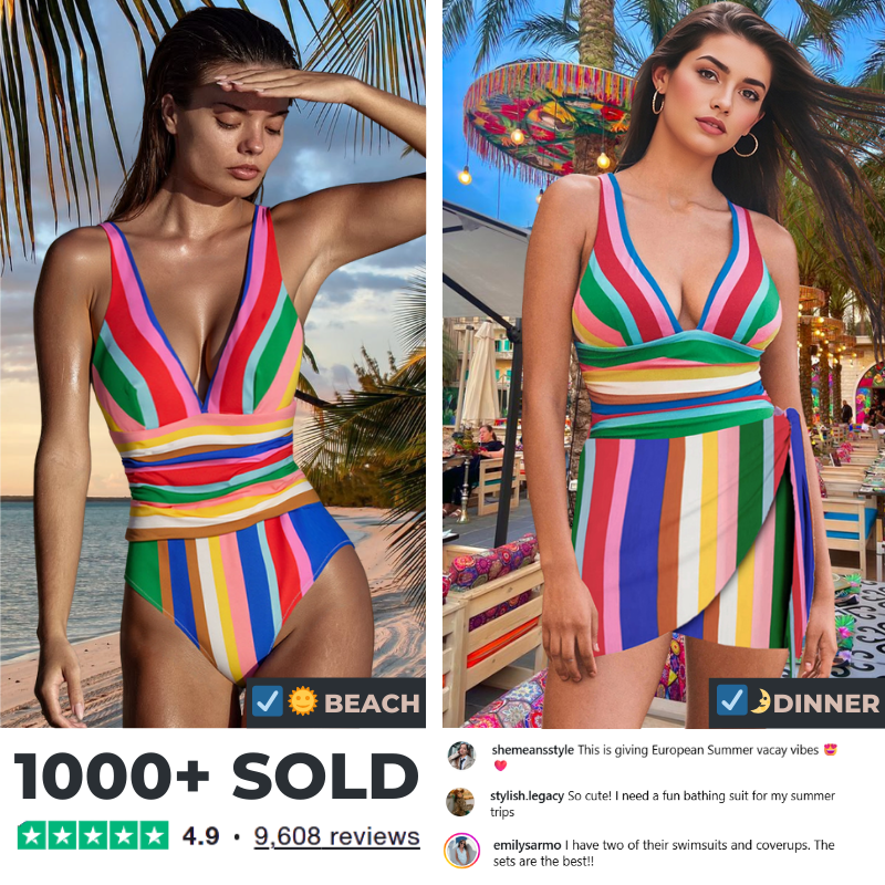 Colorful Stripe Print V-neck One Piece Swimsuit and Skirt