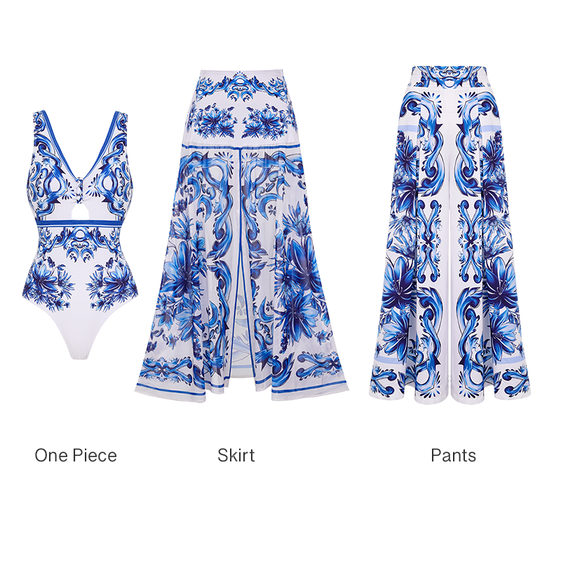 V Neck Majolica Print One Piece Swimsuit and Skirt or Pants