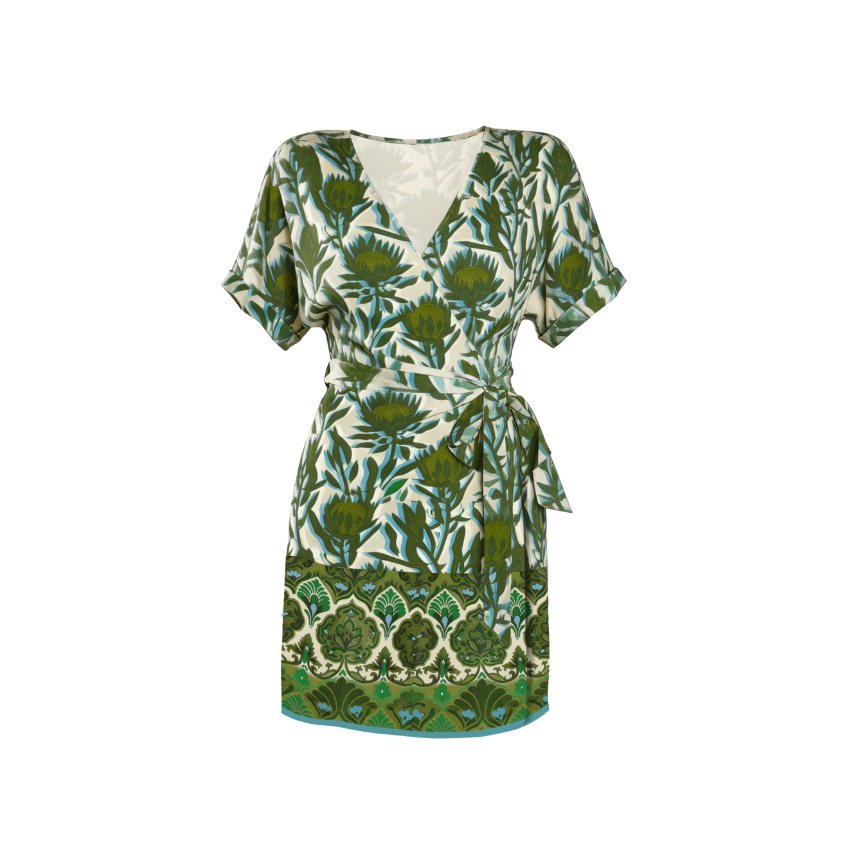 Green Block Print Wrap Mini Dress