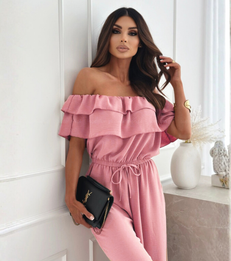 Off Shoulder Ruffle Solid Color Jumpsuit