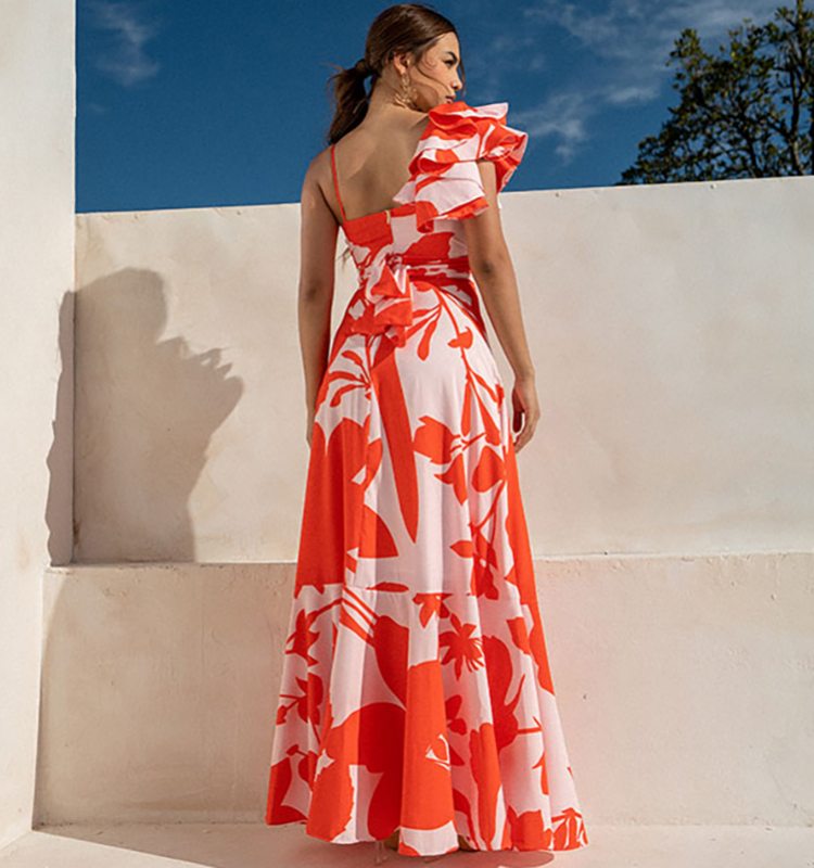 One Shoulder Ruffle Printed One Piece Swimsuit and Skirt