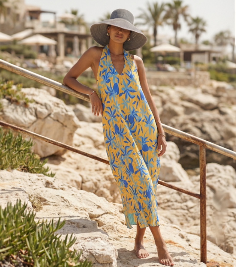 Pleated Loose-Fit Halter Neck Beach Dress