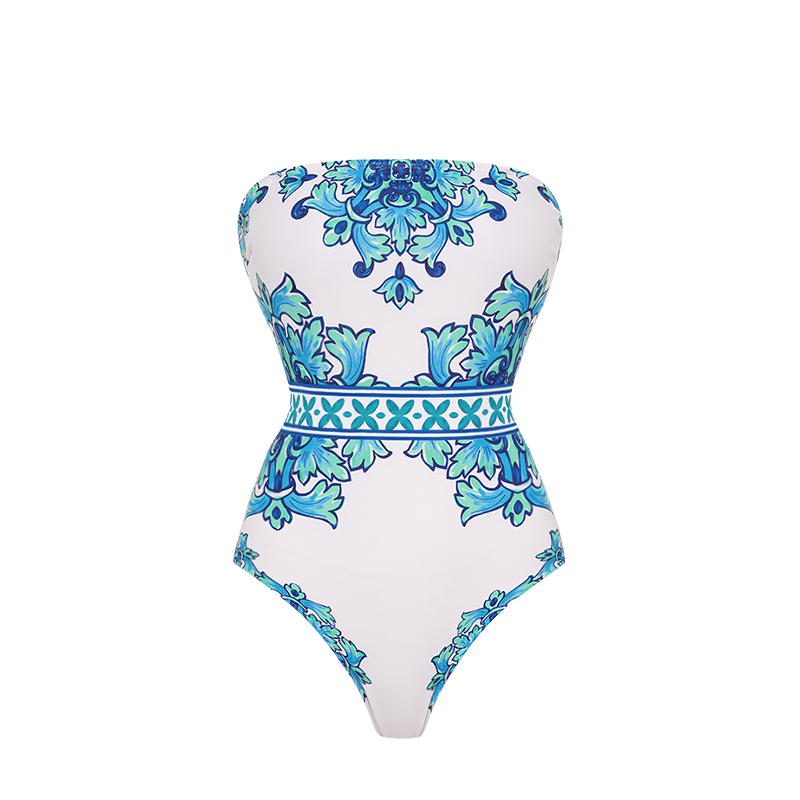 Off Shoulder Majolica Print One Piece Swimsuit and Sarong or Pants