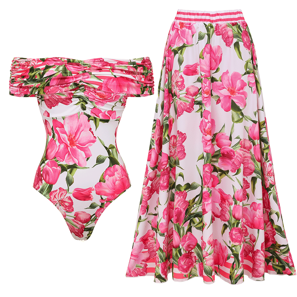 Ruched Off Shoulder Flower Print One Piece Swimsuit and Skirt