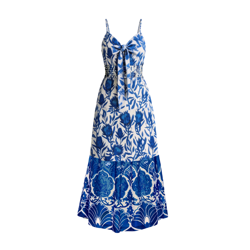 Blue Block Print Tie-Front Tiered Maxi Dress