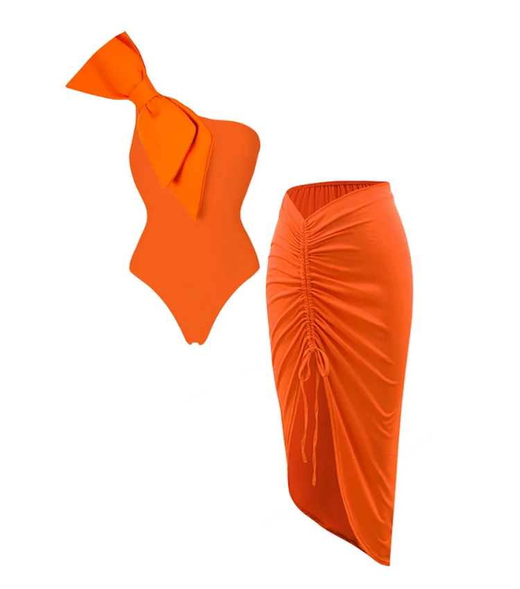 Bow-Tie One Shoulder One Piece Swimsuit and Skirt Flaxmaker