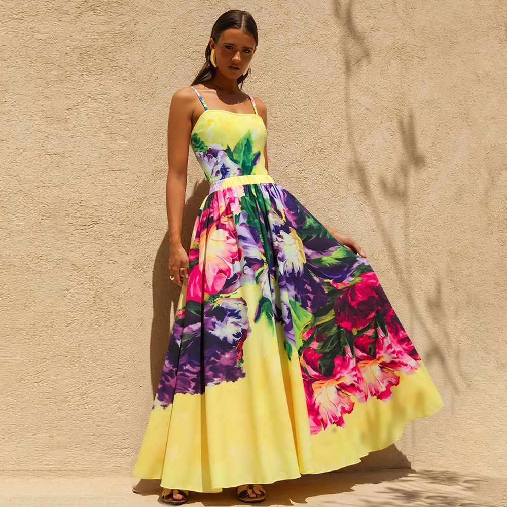 Yellow Oil Painting Flower Print Swimsuit and Sarong