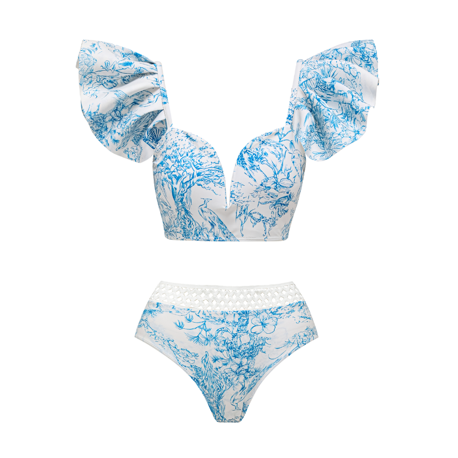 Ruy Print Net Yarn Splicing Bikini Swimsuit and Tiered Skirt