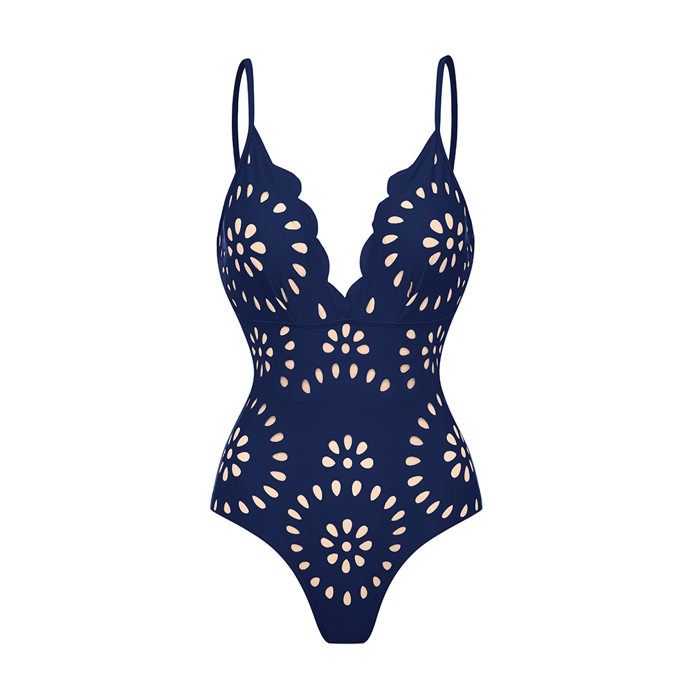 Navy Blue Laser Cutting Flower Hollow One Piece Swimsuit and Skirt