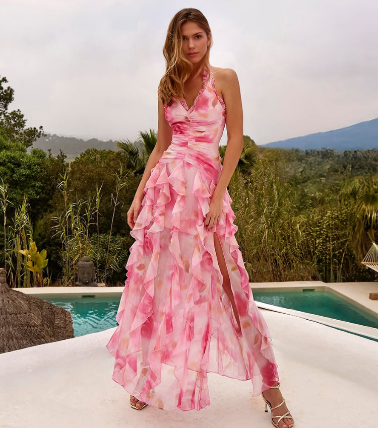 Pink Flower-dyed Halter Neck One Piece Swimsuit and Skirt