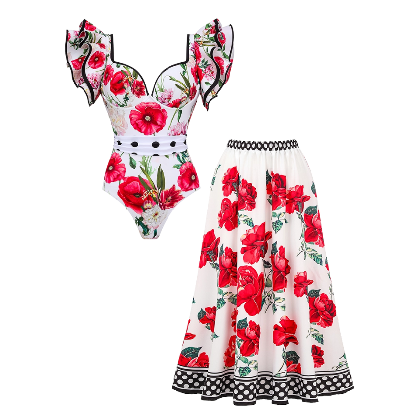 Rose Printed One Piece Swimsuit and Skirt Flaxmaker