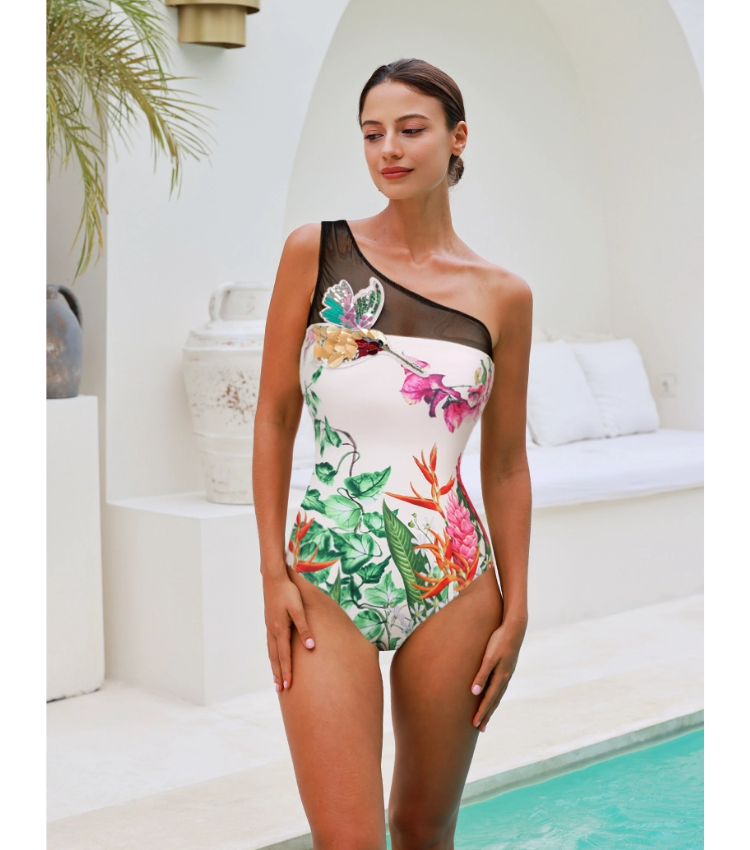 Sequin Embroidered Bird One Shoulder Printed One Piece Swimsuit and Sarong or Skirt Flaxmaker