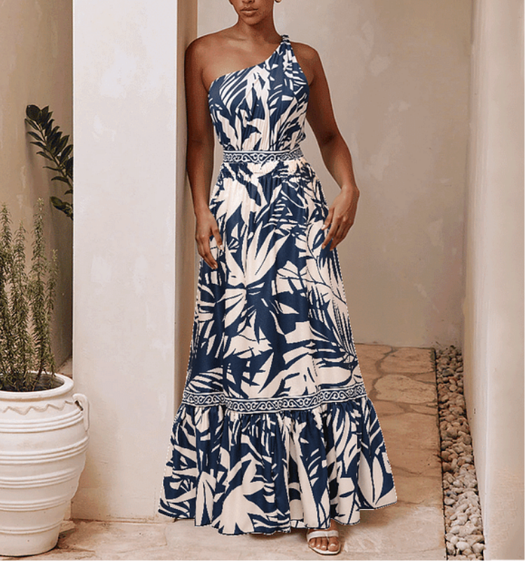 One SHoulder Leaves Print One Piece Swimsuit and Pants