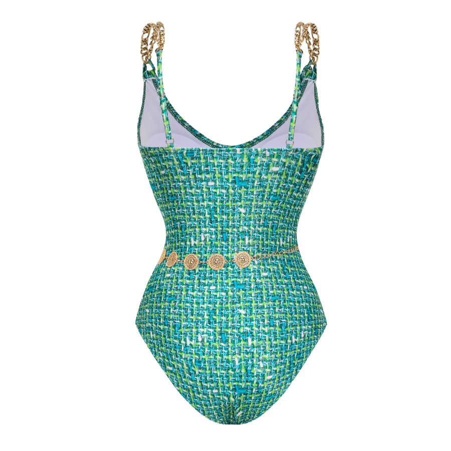 Tweed Print Metal Buckle One Piece Swimsuit and Skirt
