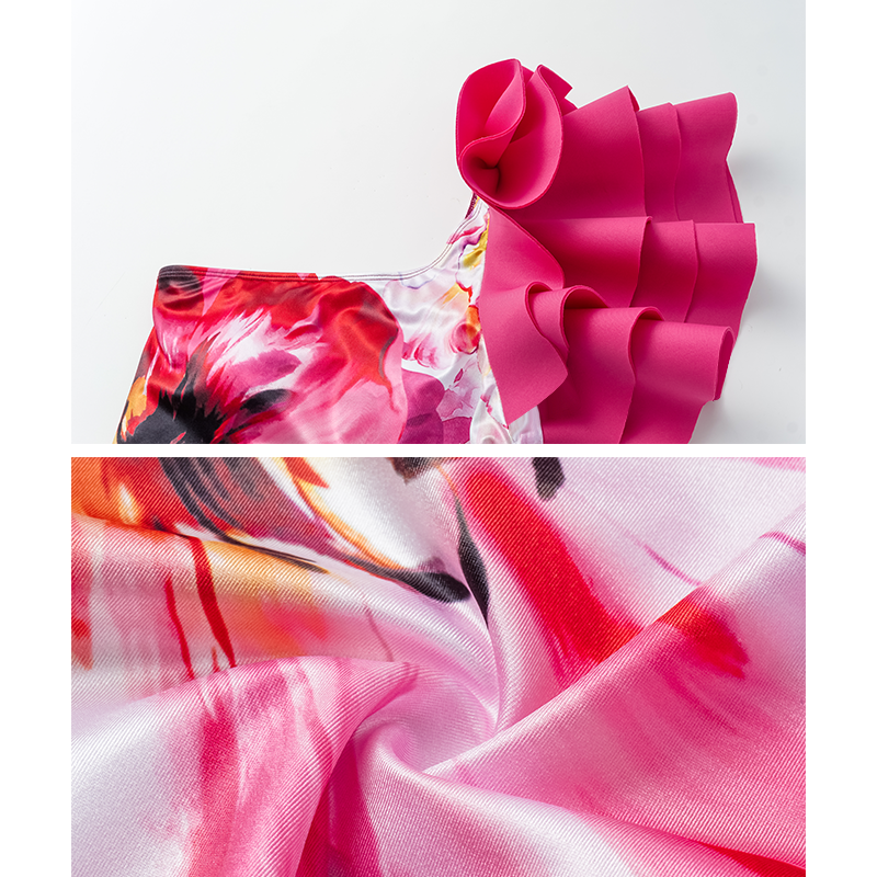 Ruffle One Shoulder Flower Printed One Piece Swimsuit and Skirt Flaxmaker