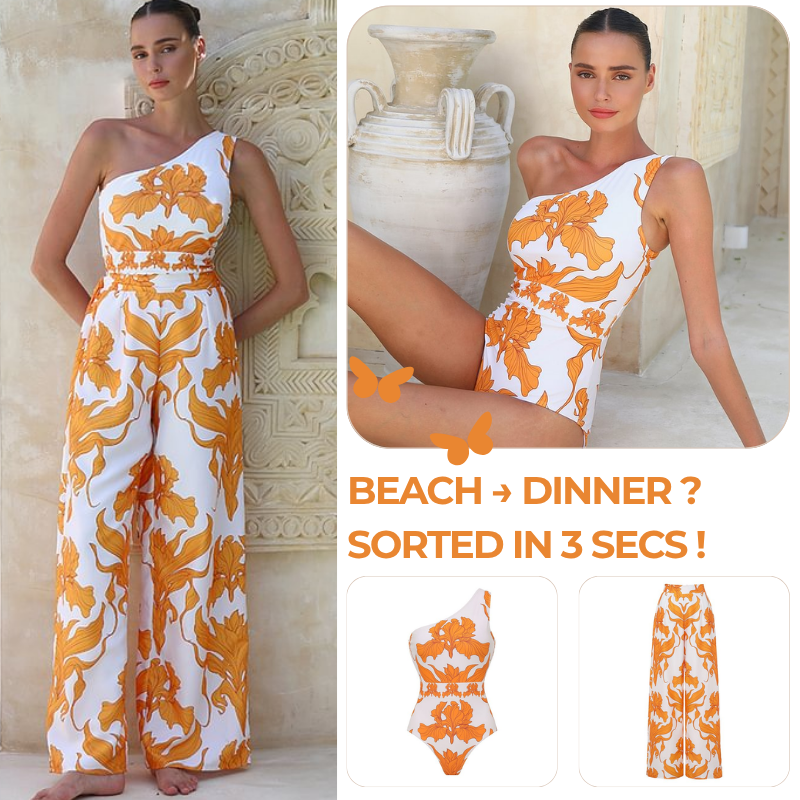 One Shoulder Iris Print One Piece Swimsuit and Pants