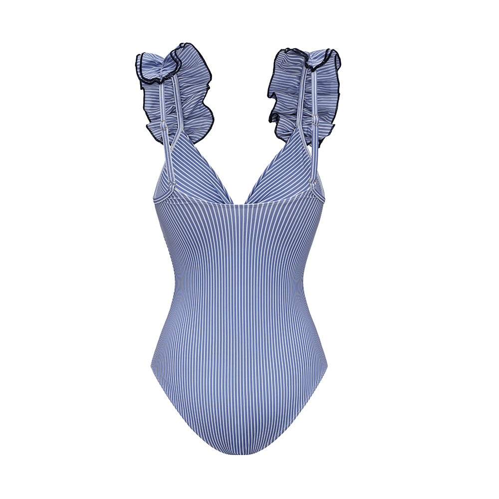 Adjustable Shoulder Strap Double Ruffle Blue Stripes Print One Piece Swimsuit and Skirt