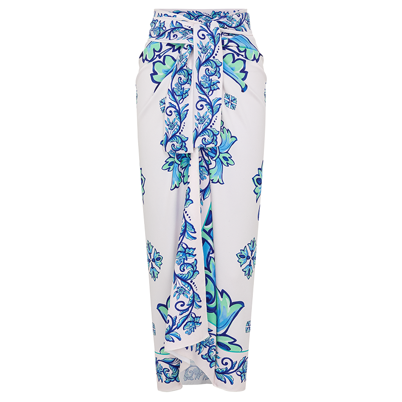 Off Shoulder Majolica Print One Piece Swimsuit and Sarong or Pants