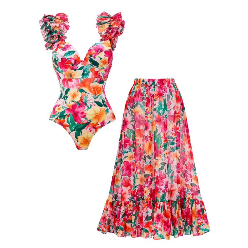 Sling Ruffle Fabric Stitching One Piece Swimsuit and Skirt