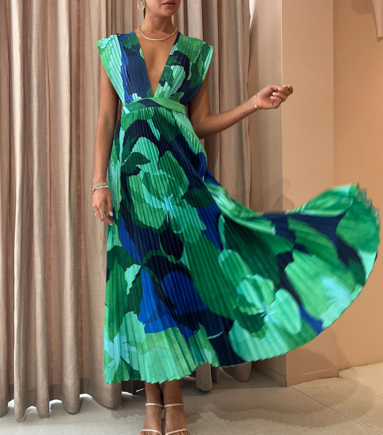 Pleated V Neck Color Block Printed Dress