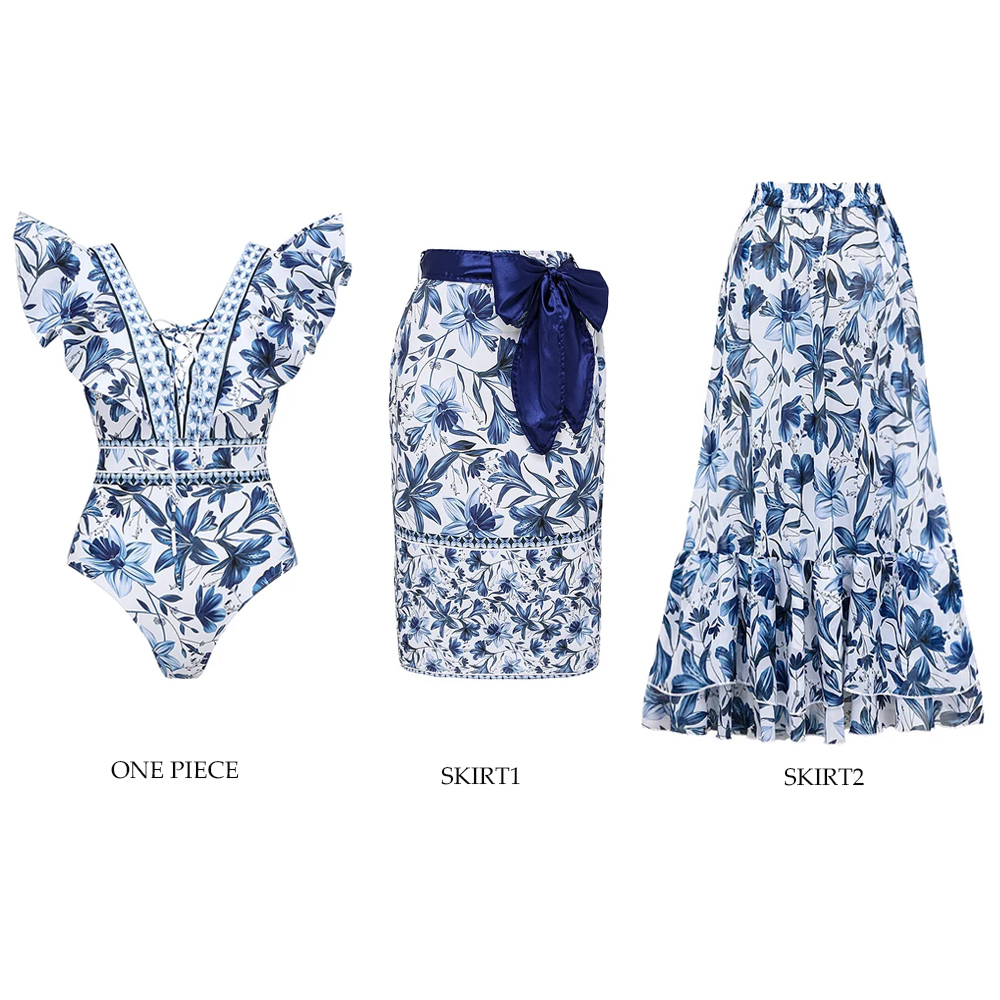 V Neck Ruffle Lace Up Printed One Piece Swimsuit and Skirt