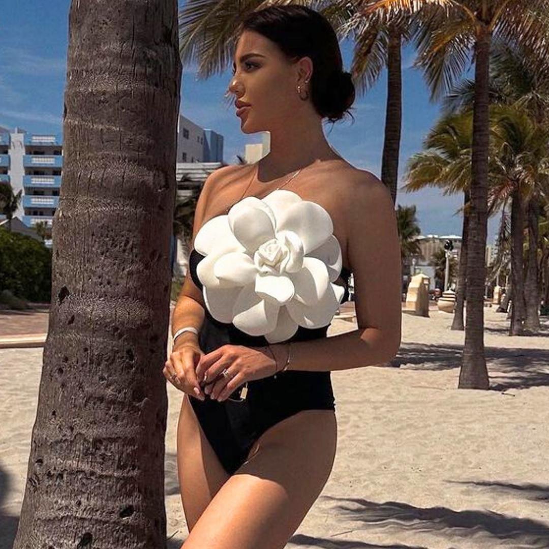 3D Flower One Shoulder One Piece Swimsuit and Skirt Flaxmaker