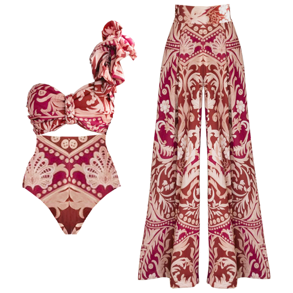 One Shoulder Ruffle Printed One Piece Swimsuit and Pant
