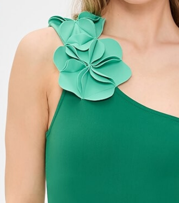 Oblique Shoulder 3D Flower One Piece Swimsuit and Skirt