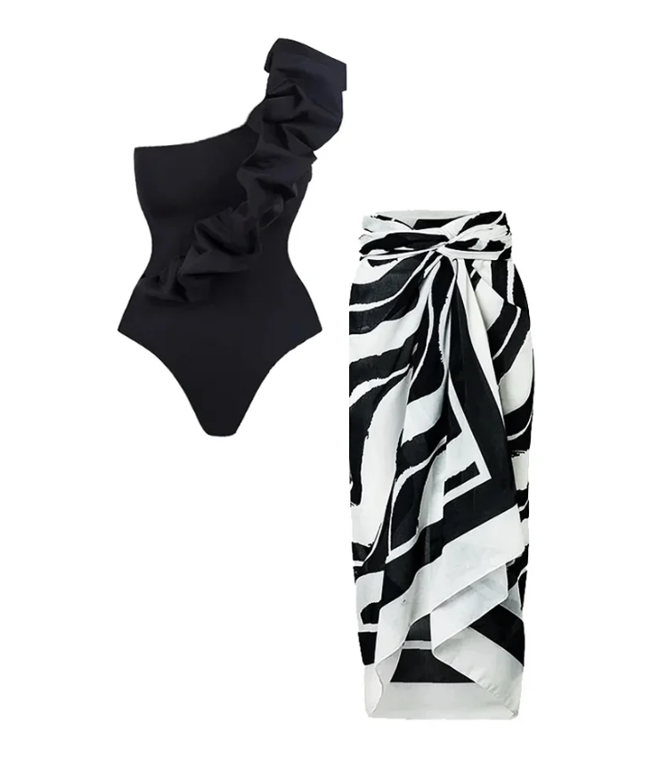Elena Asymmetric One Piece Swimsuit and Sarong Flaxmaker