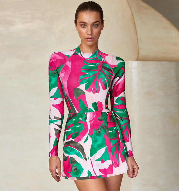 Abstract Rose Red Contrast Print Long sleeve  One Piece Swimsuit and Skirt