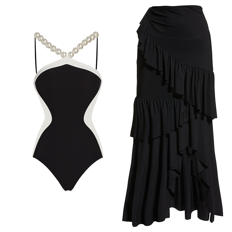 Halter Artificial Pearl Chain One Piece Swimsuit and Skirt Flaxmaker