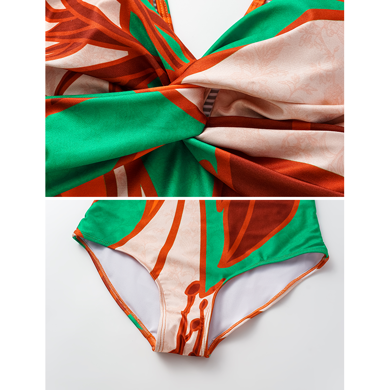 V Neck Ruffle Pattern Print One Piece Swimsuit and Sarong