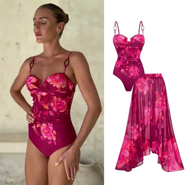 Sling Abstract Floral Print One Piece Swimsuit and Skirt