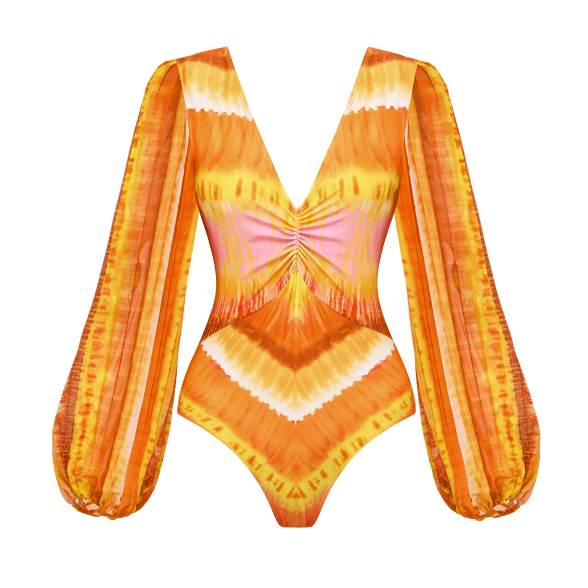 Long Sleeve V Neck Orange Gradient Print One Piece Swimsuit and Skirt