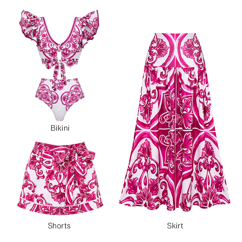 Ruffle Classic Majolica Series Pattern Print Bikini Swimsuit and Skirt or Shorts