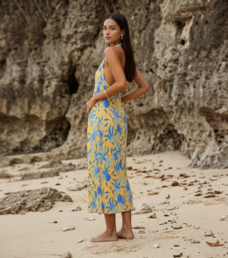 Pleated Loose-Fit Halter Neck Beach Dress