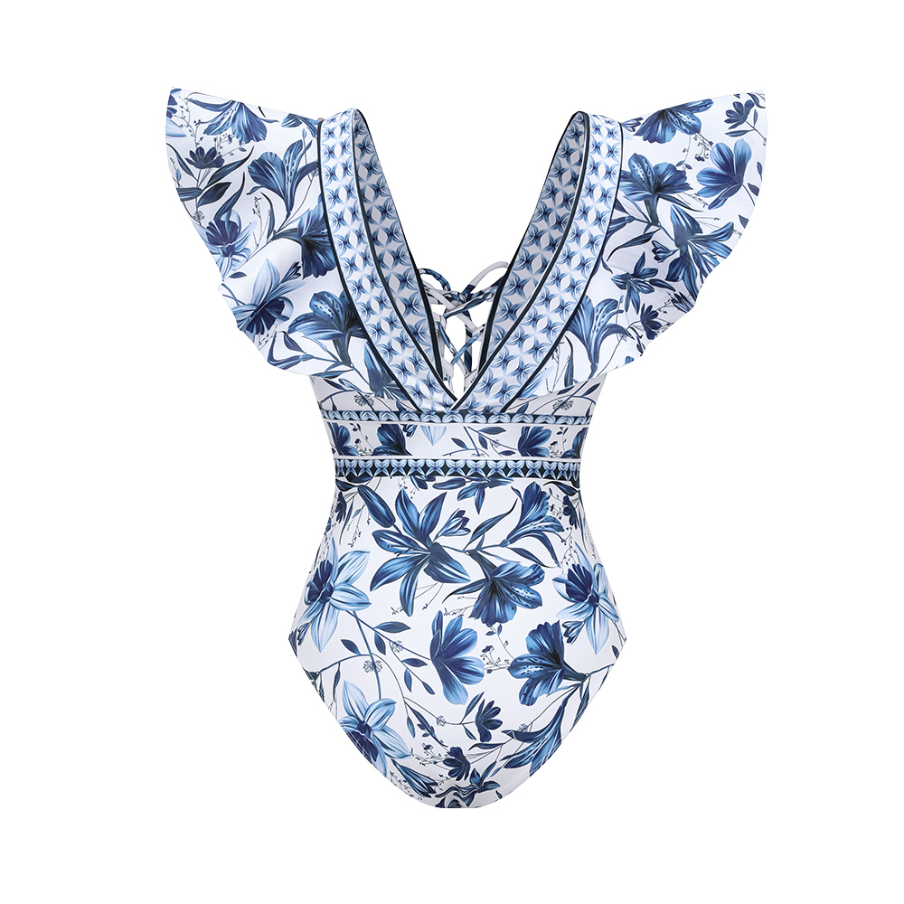 V Neck Ruffle Lace Up Printed One Piece Swimsuit and Skirt