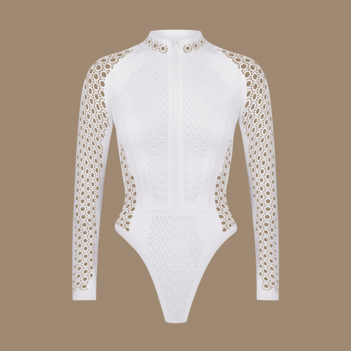 Zip Long Sleeve Cut Out White One Piece Swimsuit Surfsuit
