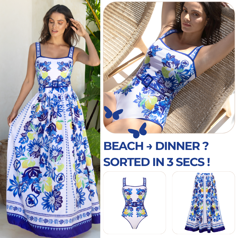 Sling Lemon and Creative Pattern Print One Piece Swimsuit and Skirt