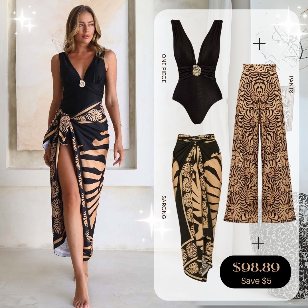 Black V-Neck Conch Decoration One Piece Swimsuit and Sarong