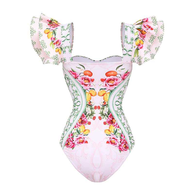 Ruffle Cut Out Lemon Floral Pattern Print One Piece Swimsuit and Skirt