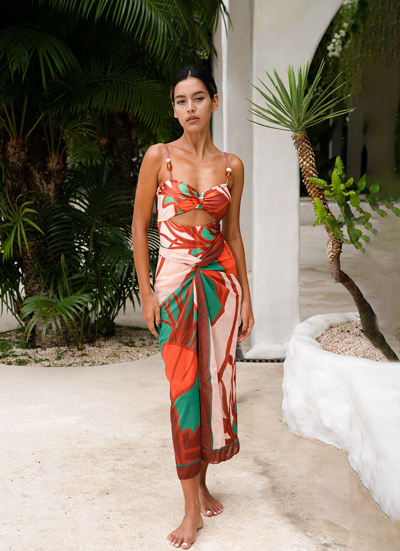 Sling Cut Out Artificial Stone One Piece Swimsuit and Sarong Flaxmaker