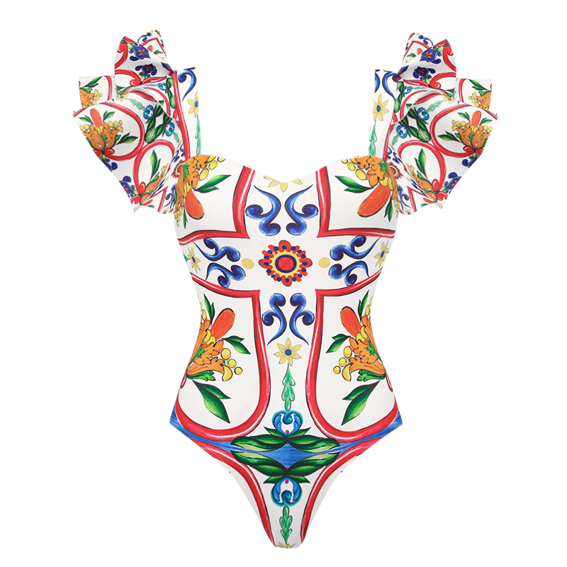 Ruffle Sleeves  Paisley-print  One Piece Swimsuit and Sarong or Paints Flaxmaker